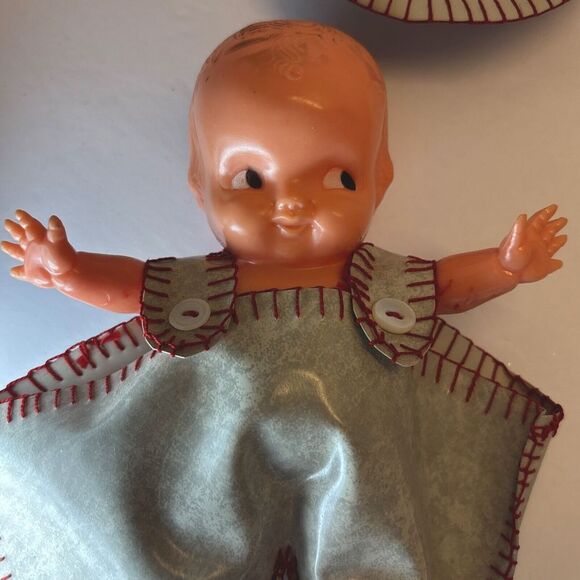 1930a CELLULOID KEWPIE TYPE DOLL SHOT GLASS  HOLDER GRAY OVERALLS SIDEWARD EYES - Picture 7 of 12